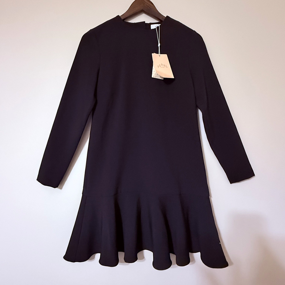 NWT Pearl Lela Rose Black Stretch Crepe Flounce Dress SIZE XS Classic LBD Knee